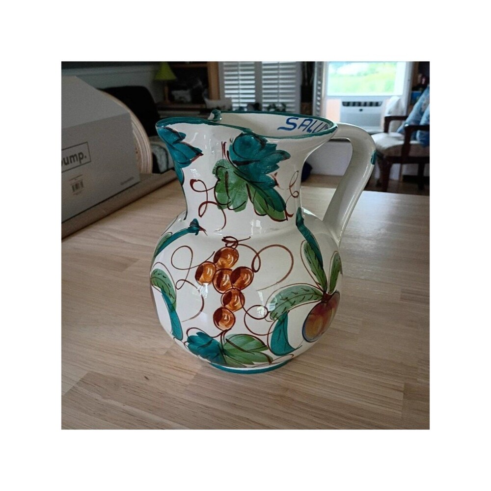 Italian Ceramic Salute Pitcher Hand Painted Fruit Grapes Wine Water Jug Majolica